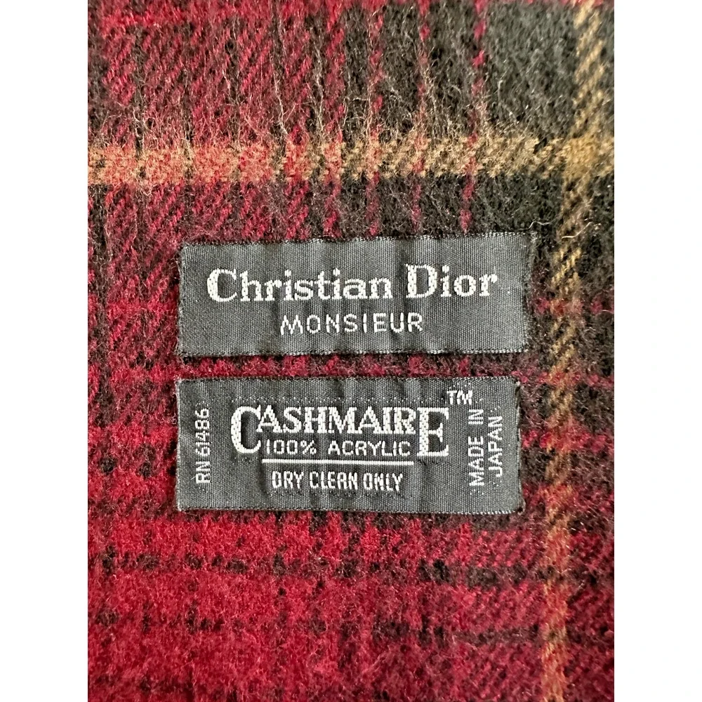 Christian Dior 100% Acrylic Cashmaire Tasseled Plaid Maroon Black Scarf 48